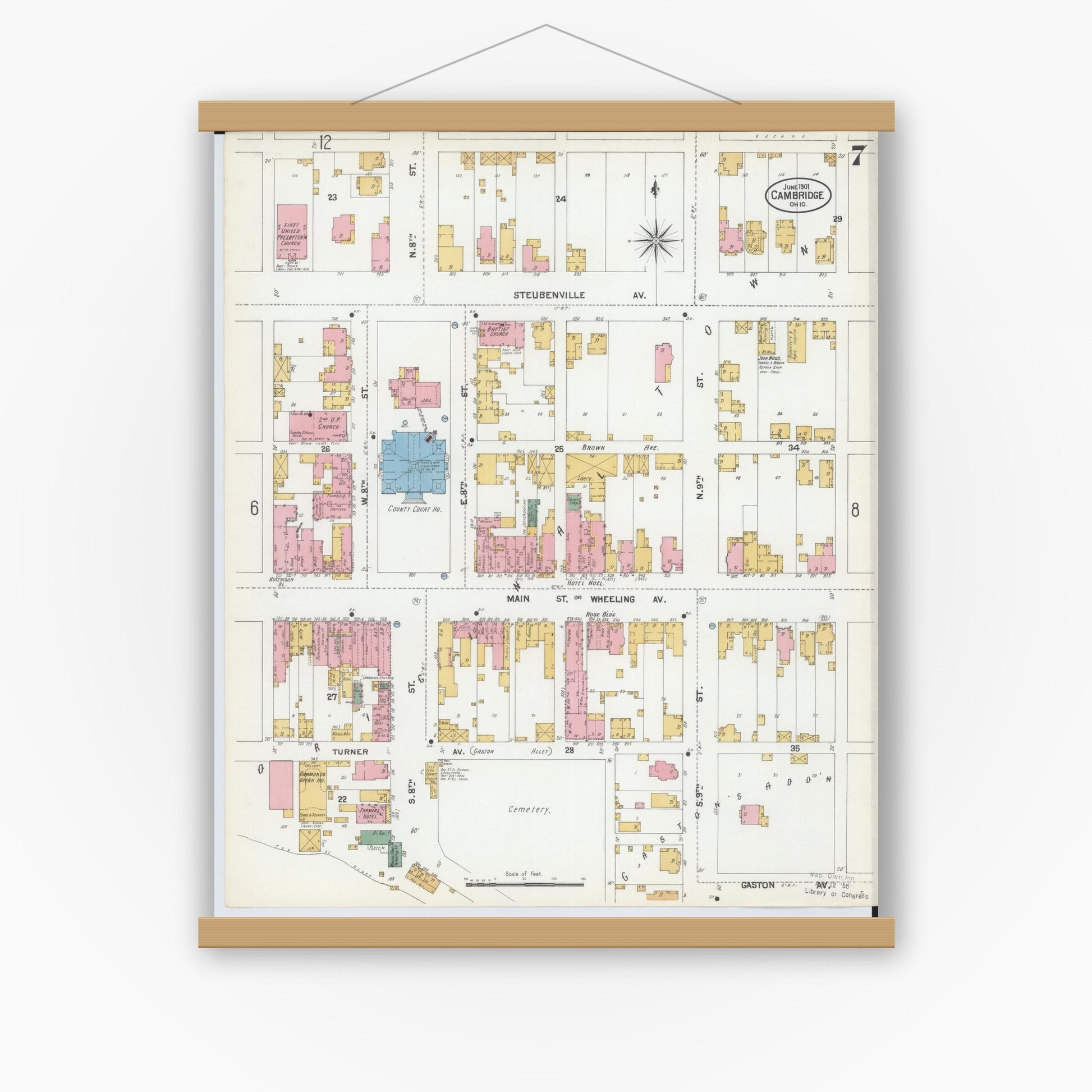 Old map wall art mockup — magnetic wood frame on white wall — Sanborn Fire Insurance Map from Cambridge, Guernsey County, Ohio (1901), Sheet #0007