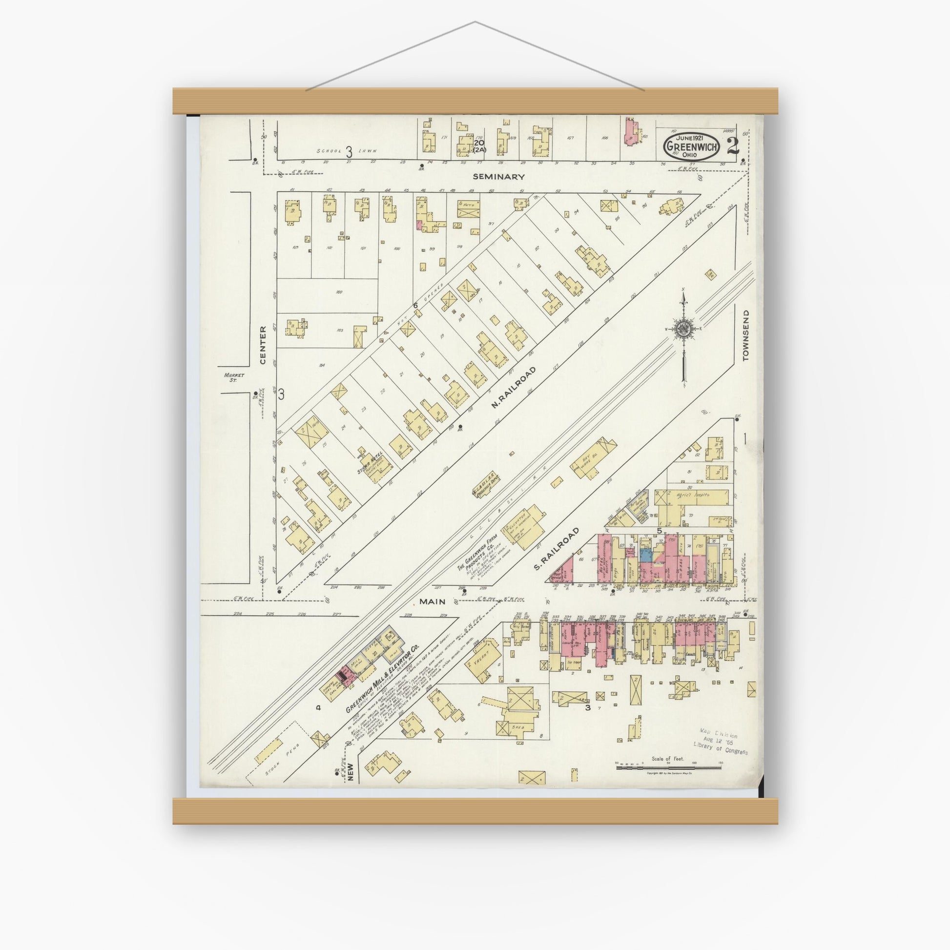 Old map wall art mockup — magnetic wood frame on white wall — Sanborn Fire Insurance Map from Greenwich, Huron County, Ohio (1921), Sheet #0002
