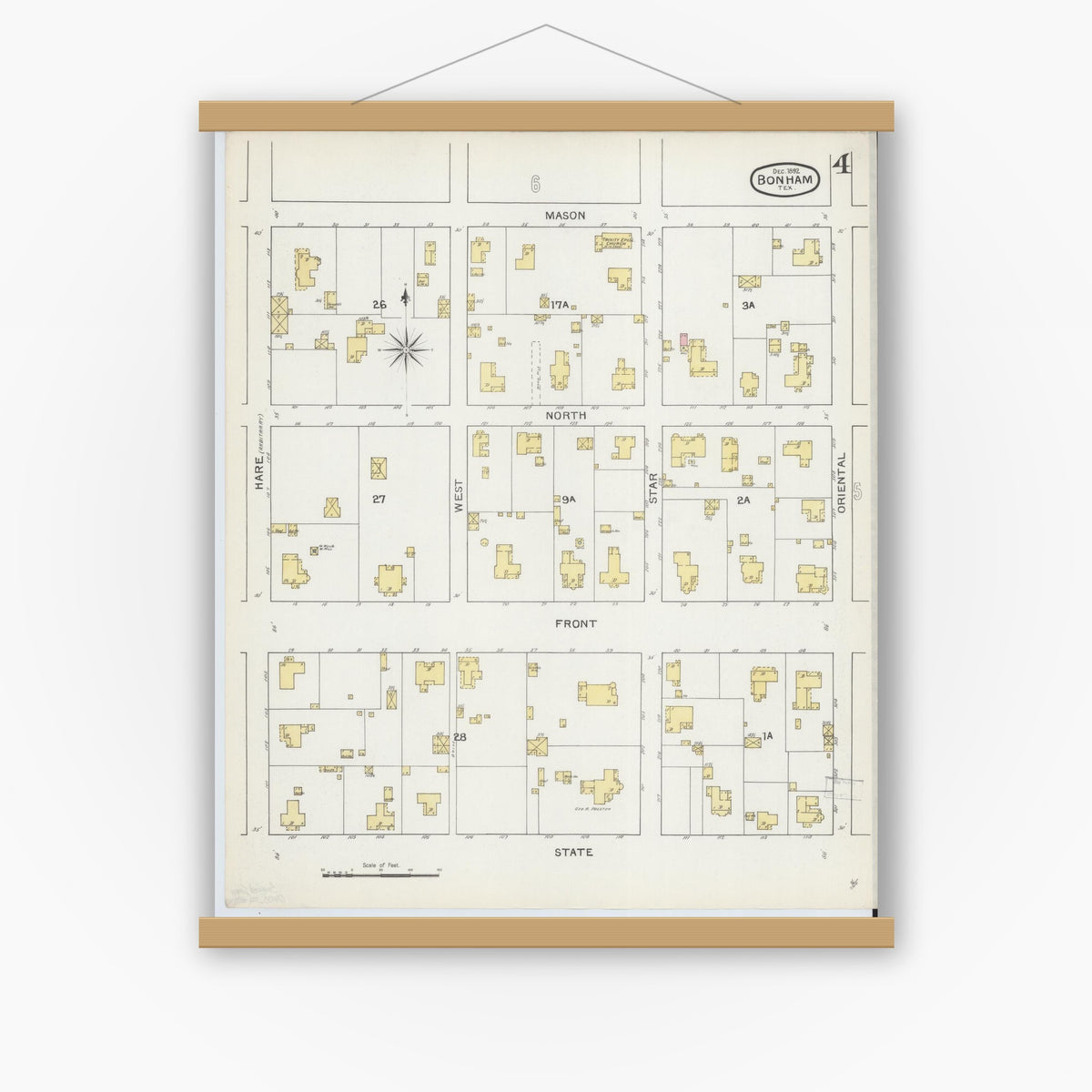Old map wall art mockup — magnetic wood frame on white wall — Sanborn Fire Insurance Map from Bonham, Fannin County, Texas (1892), Sheet #0004