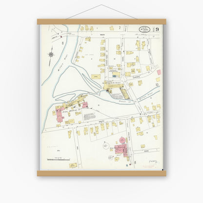 Old map wall art mockup — magnetic wood frame on white wall — Sanborn Fire Insurance Map from Athol, Worcester County, Massachusetts (1911), Sheet #0009