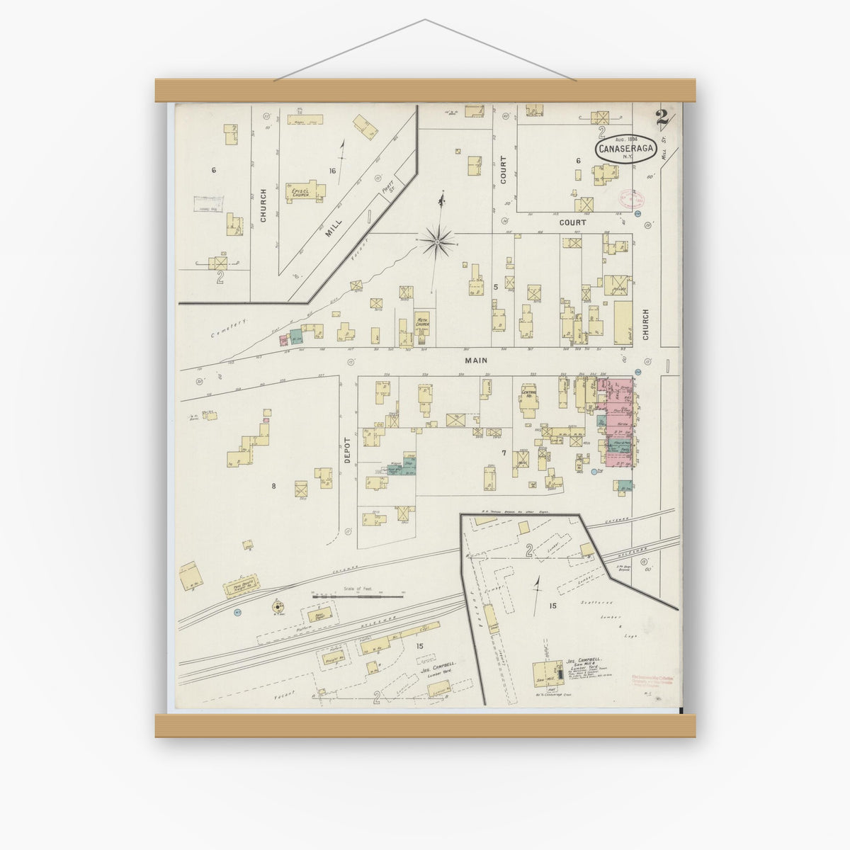 Old map wall art mockup — magnetic wood frame on white wall — Sanborn Fire Insurance Map from Canaseraga, Allegany County, New York (1894), Sheet #0002