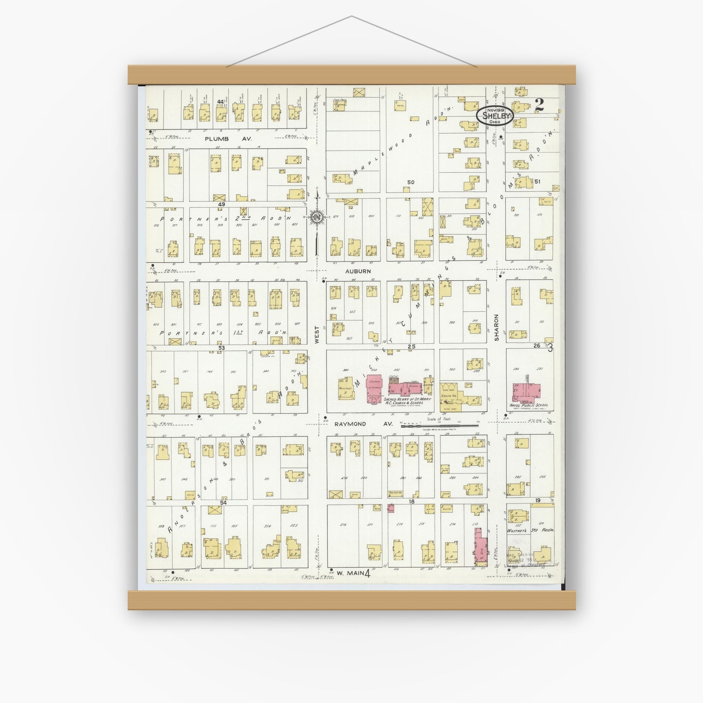 Old map wall art mockup — magnetic wood frame on white wall — Sanborn Fire Insurance Map from Shelby, Richland County, Ohio (1919), Sheet #0002