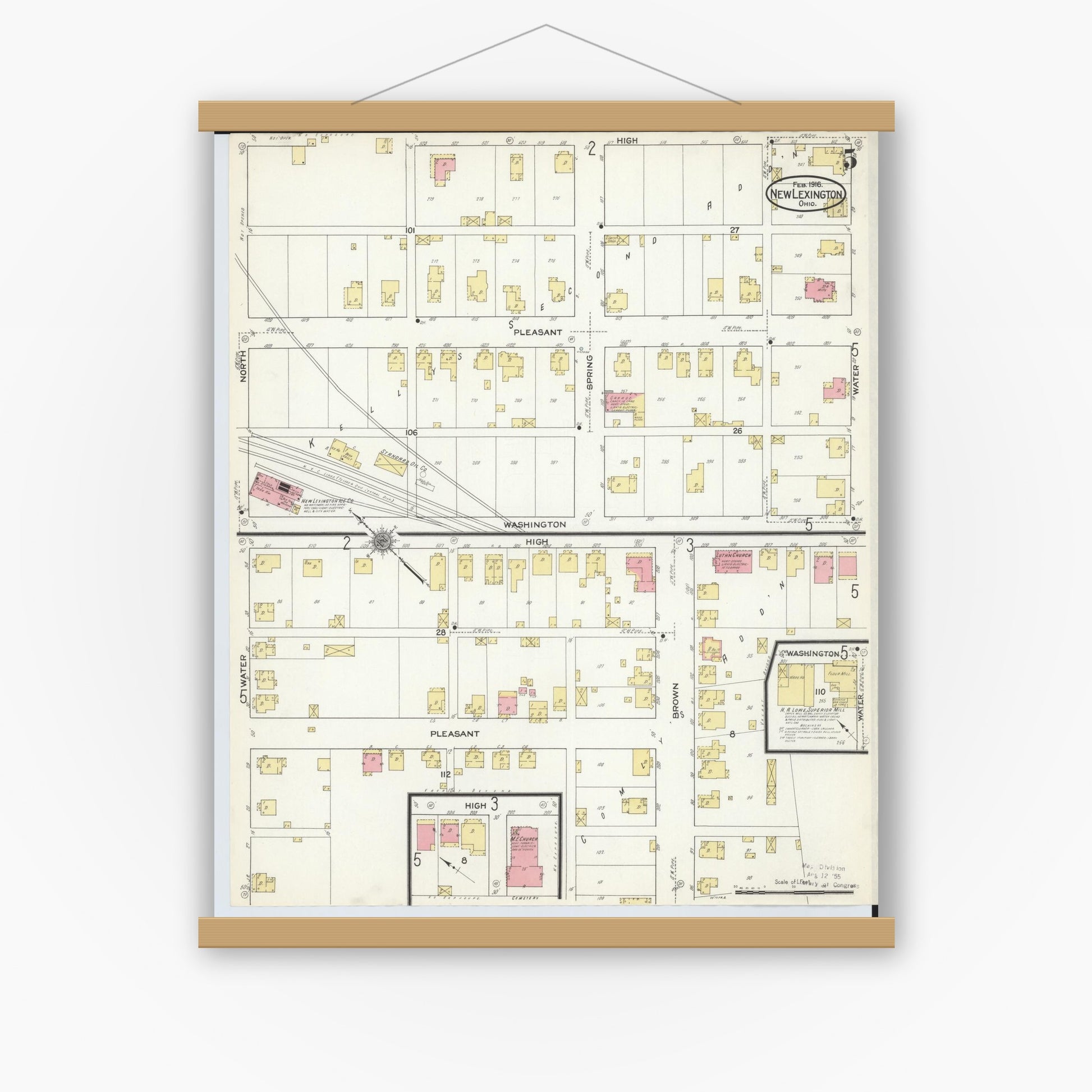 Old map wall art mockup — magnetic wood frame on white wall — Sanborn Fire Insurance Map from New Lexington, Perry County, Ohio (1916), Sheet #0005