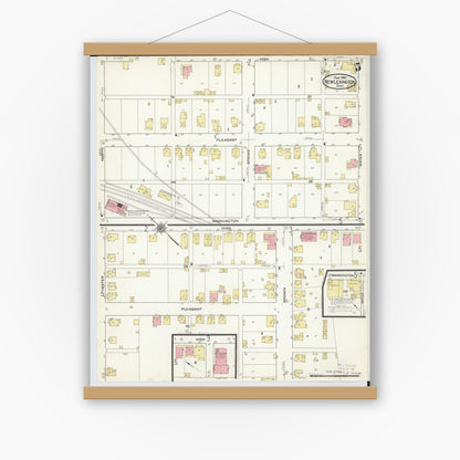 Old map wall art mockup — magnetic wood frame on white wall — Sanborn Fire Insurance Map from New Lexington, Perry County, Ohio (1916), Sheet #0005