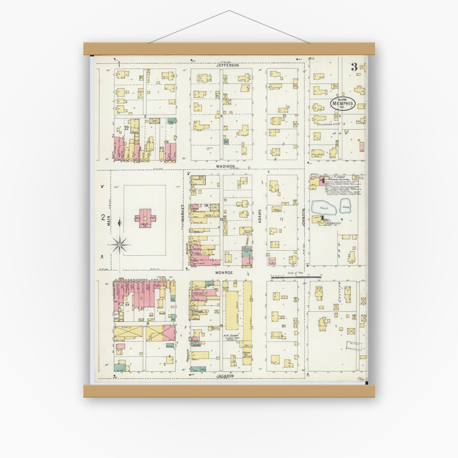 Old map wall art mockup — magnetic wood frame on white wall — Sanborn Fire Insurance Map from Memphis, Scotland County, Missouri (1898), Sheet #0003