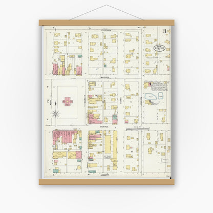 Old map wall art mockup — magnetic wood frame on white wall — Sanborn Fire Insurance Map from Memphis, Scotland County, Missouri (1898), Sheet #0003