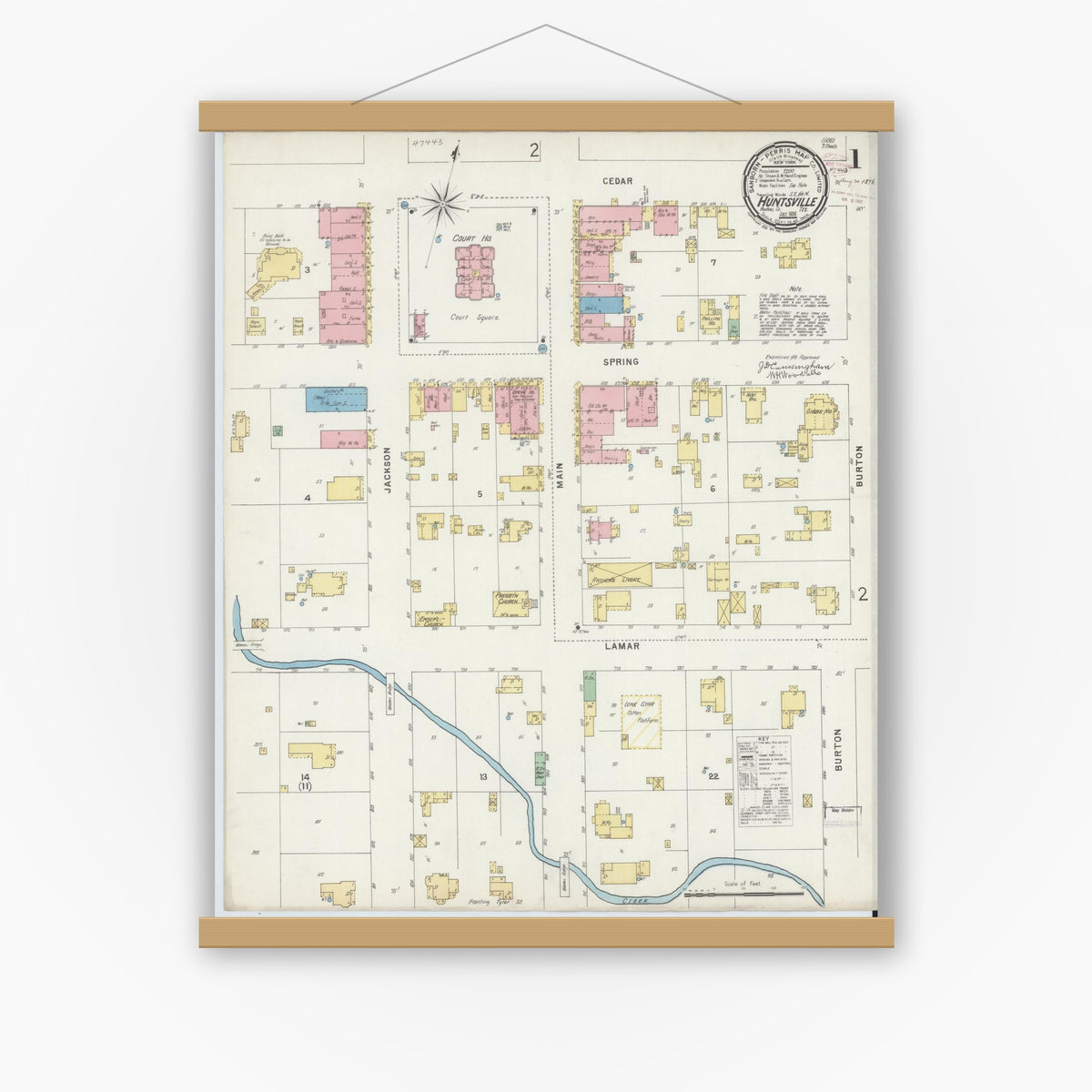 Old map wall art mockup — magnetic wood frame on white wall — Sanborn Fire Insurance Map from Huntsville, Walker County, Texas (1896) - Complete Map Set