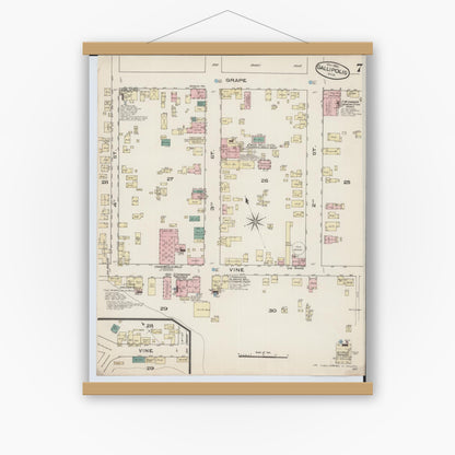Old map wall art mockup — magnetic wood frame on white wall — Sanborn Fire Insurance Map from Gallipolis, Gallia County, Ohio (1885), Sheet #0007
