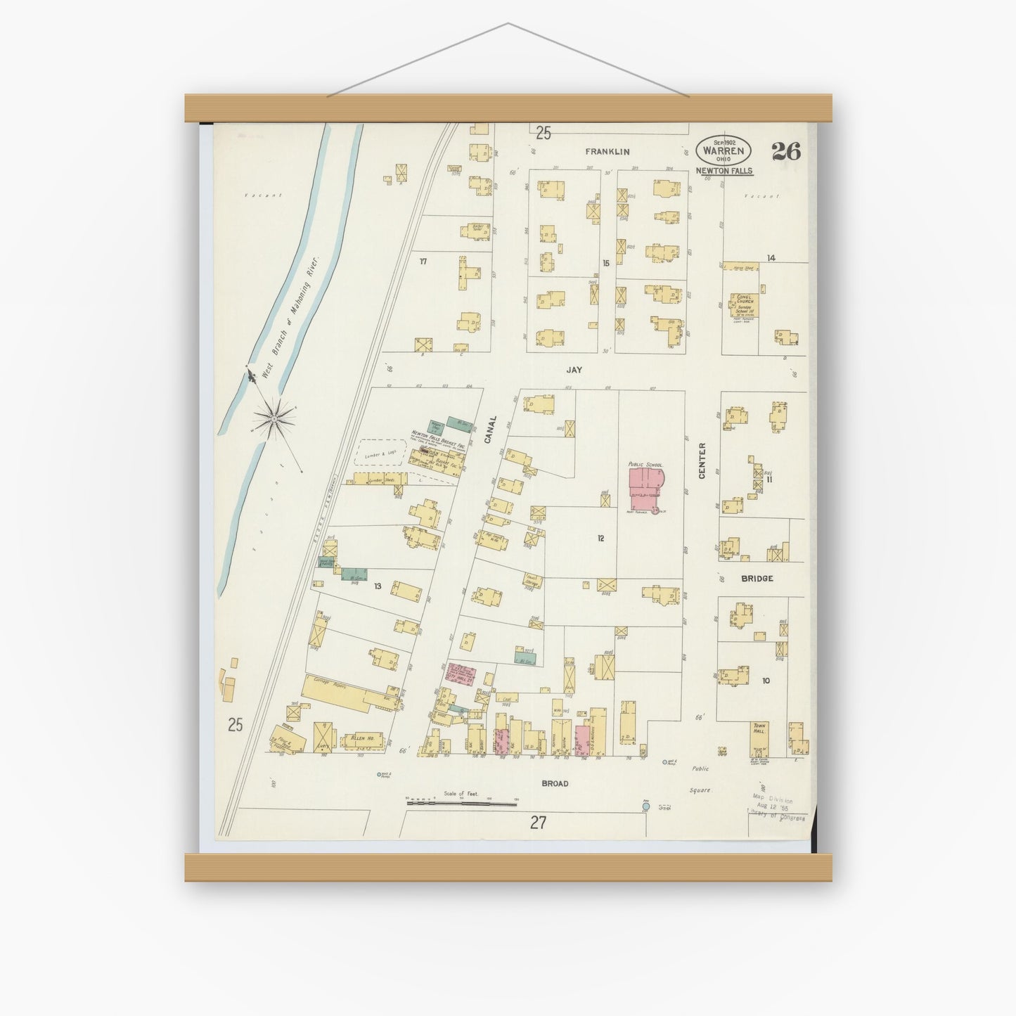 Old map wall art mockup — magnetic wood frame on white wall — Sanborn Fire Insurance Map from Warren, Trumbull County, Ohio (1902), Sheet #0026