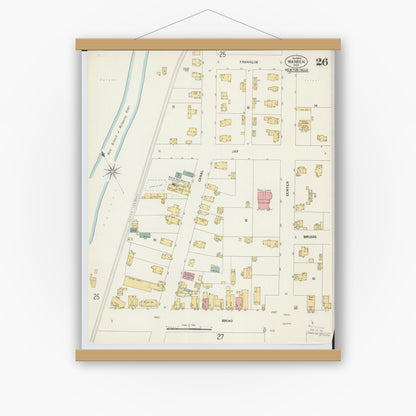 Old map wall art mockup — magnetic wood frame on white wall — Sanborn Fire Insurance Map from Warren, Trumbull County, Ohio (1902), Sheet #0026