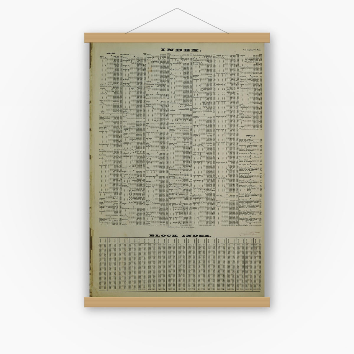 Old map wall art mockup — magnetic wood frame on white wall — Sanborn Fire Insurance Map from Los Angeles, Los Angeles County, California (1900), Sheet #0001
