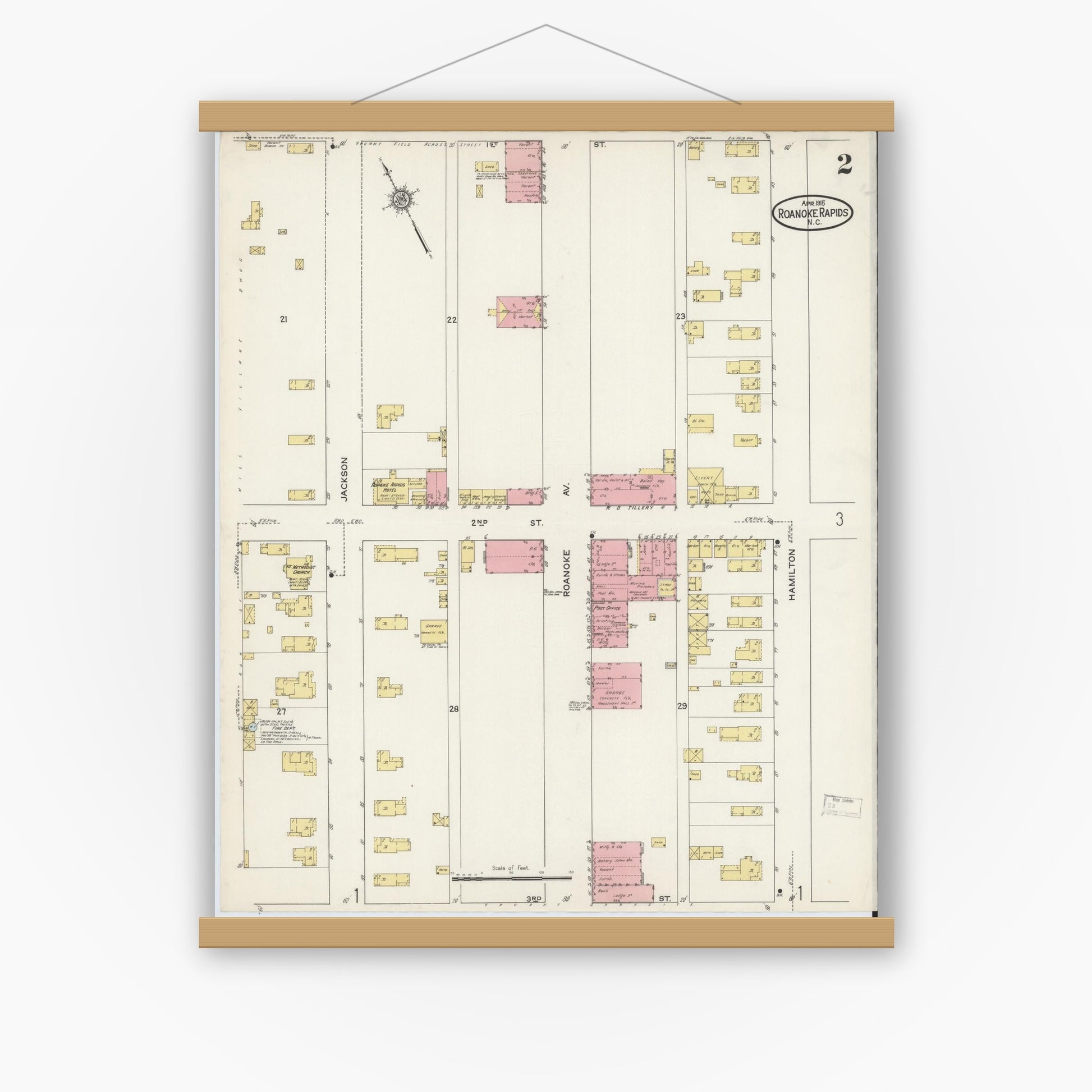 Old map wall art mockup — magnetic wood frame on white wall — Sanborn Fire Insurance Map from Roanoke Rapids, Halifax County, North Carolina (1915), Sheet #0002