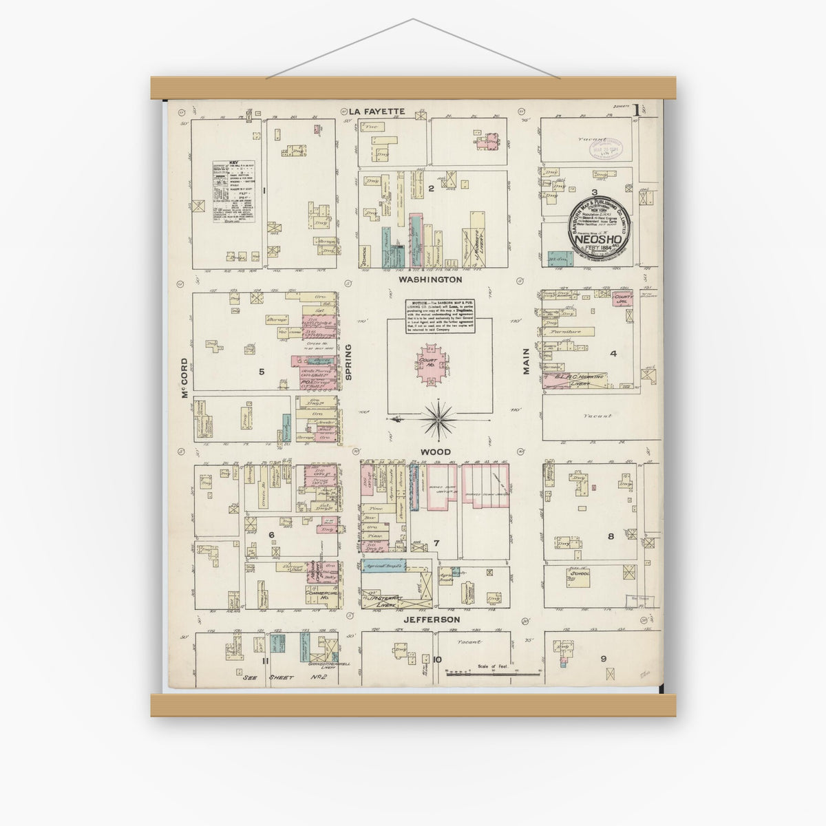 Old map wall art mockup — magnetic wood frame on white wall — Sanborn Fire Insurance Map from Neosho, Newton County, Missouri (1884), Sheet #0001