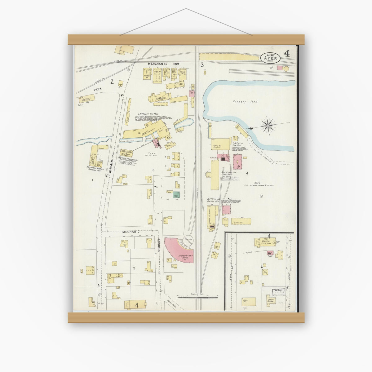 Old map wall art mockup — magnetic wood frame on white wall — Sanborn Fire Insurance Map from Ayer, Middlesex County, Massachusetts (1897), Sheet #0004