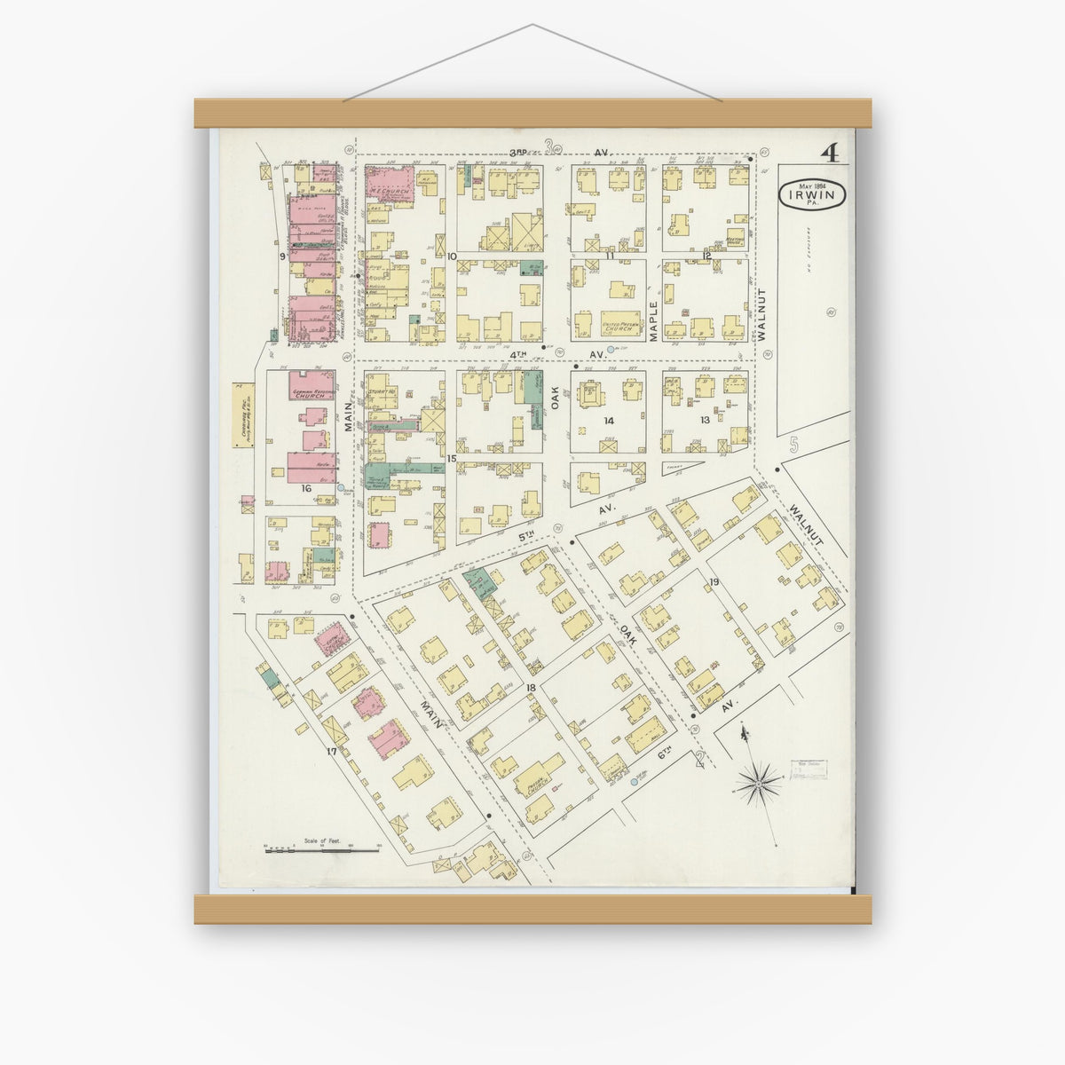 Old map wall art mockup — magnetic wood frame on white wall — Sanborn Fire Insurance Map from Irwin, Westmoreland County, Pennsylvania (1894), Sheet #0004