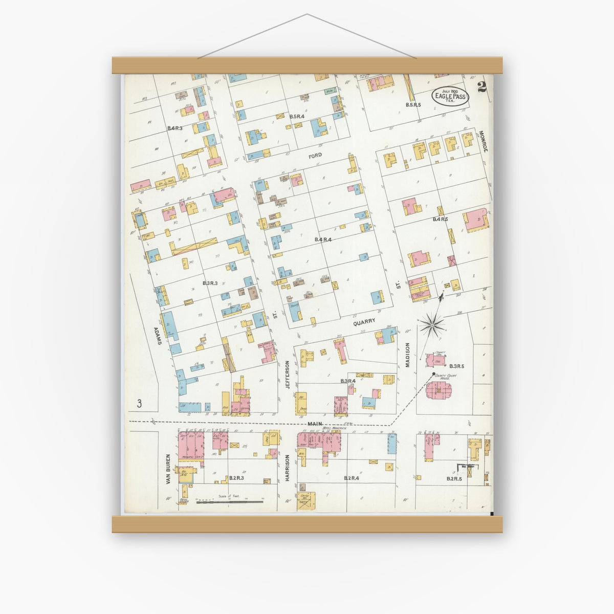 Old map wall art mockup — magnetic wood frame on white wall — Sanborn Fire Insurance Map from Eagle Pass, Maverick County, Texas (1900), Sheet #0002