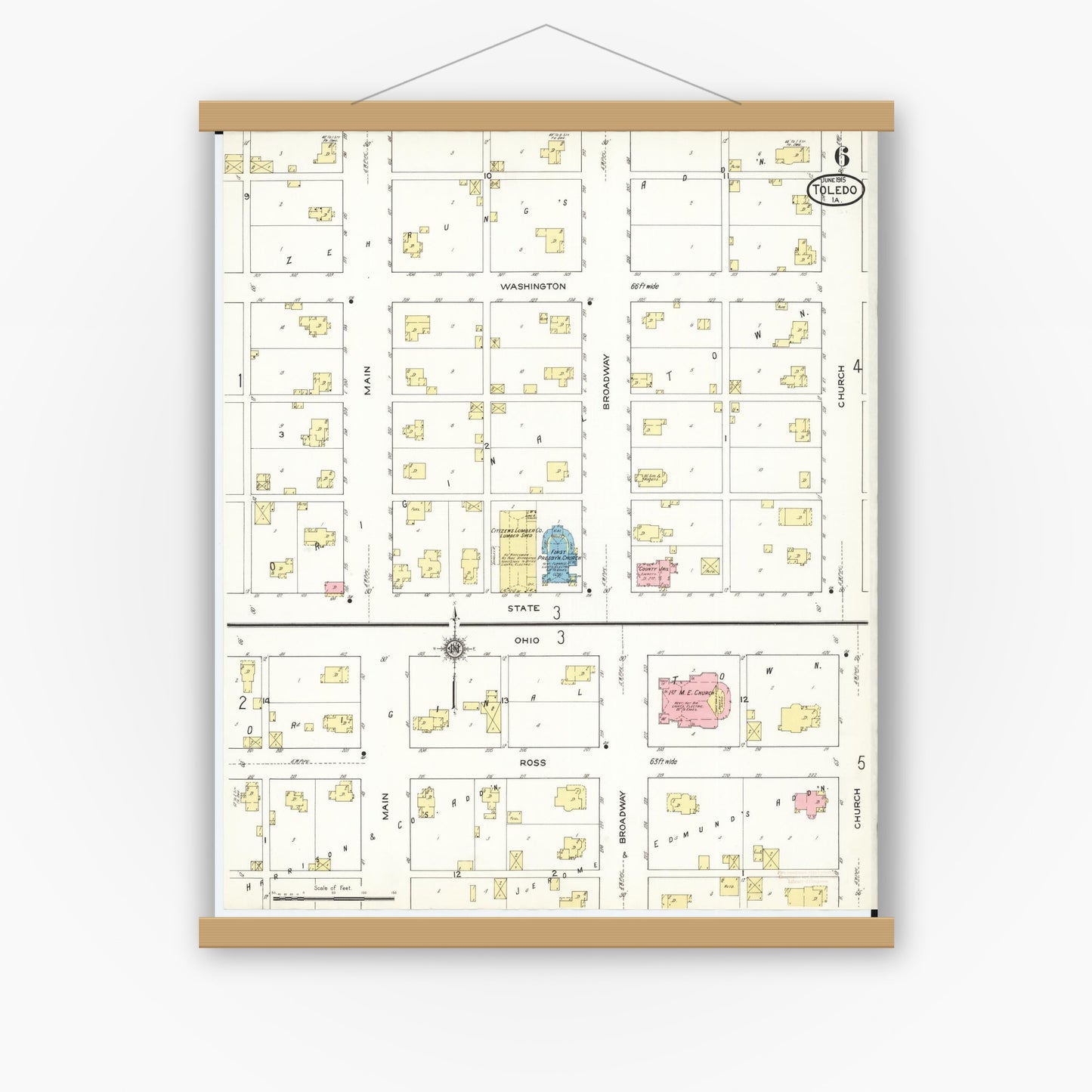 Old map wall art mockup — magnetic wood frame on white wall — Sanborn Fire Insurance Map from Toledo, Tama County, Iowa (1915), Sheet #0006