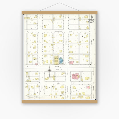 Old map wall art mockup — magnetic wood frame on white wall — Sanborn Fire Insurance Map from Toledo, Tama County, Iowa (1915), Sheet #0006