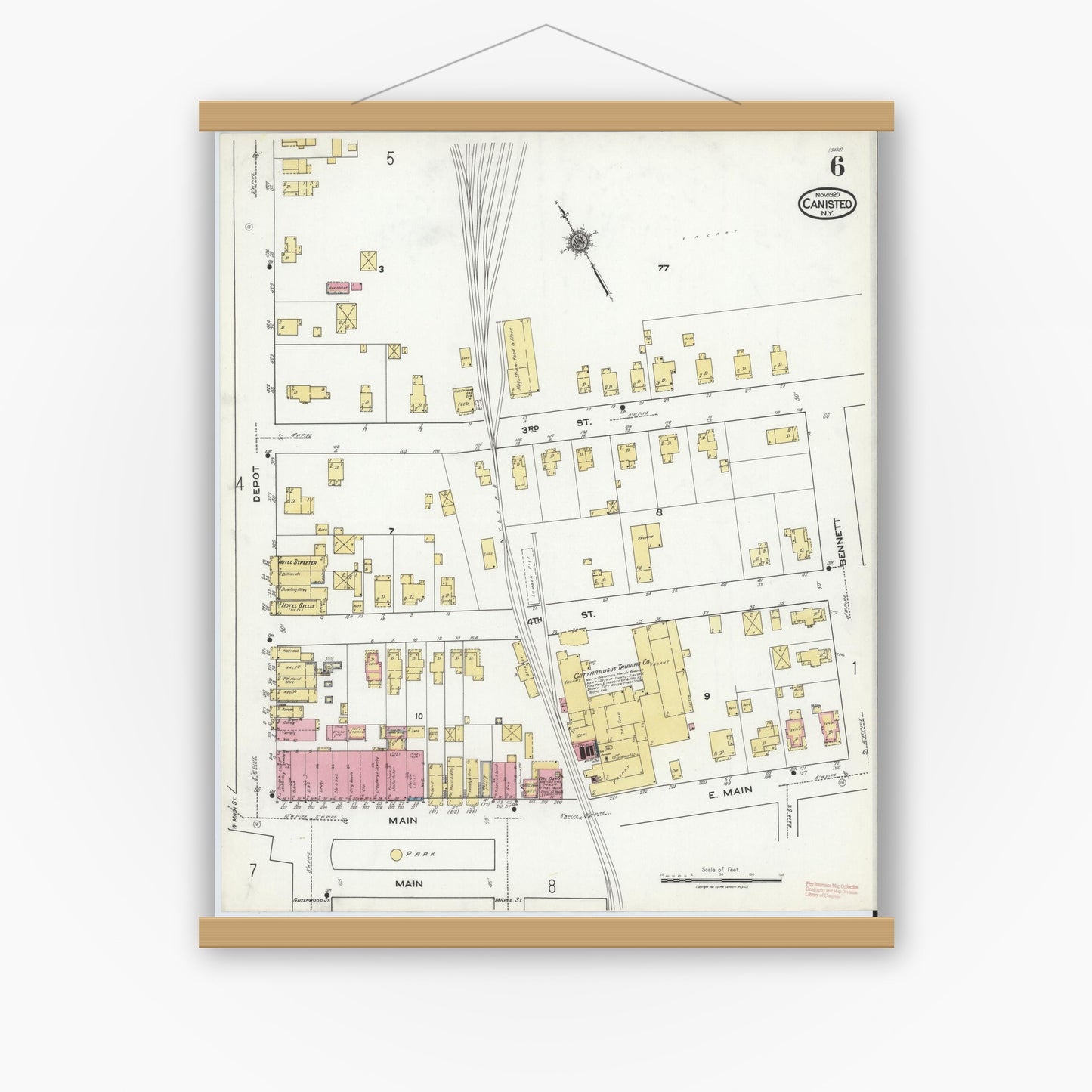 Old map wall art mockup — magnetic wood frame on white wall — Sanborn Fire Insurance Map from Canisteo, Steuben County, New York (1920), Sheet #0006