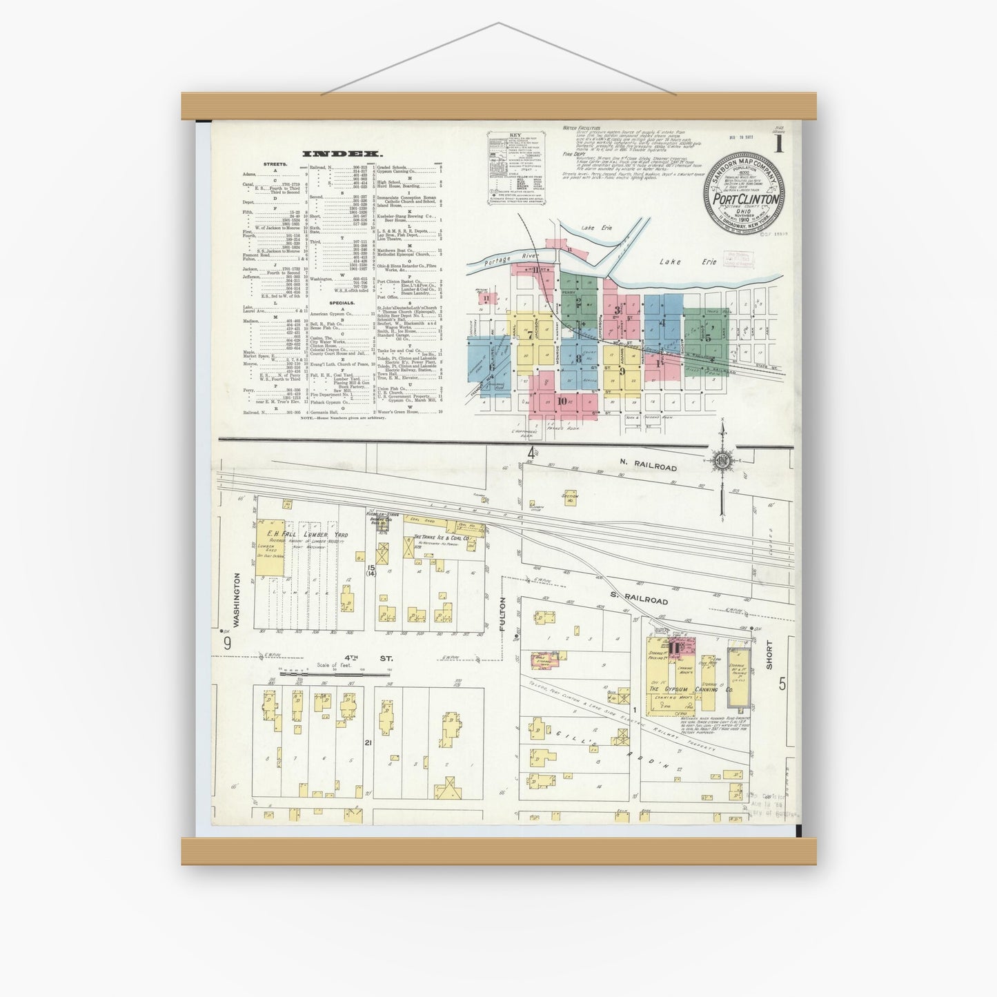 Old map wall art mockup — magnetic wood frame on white wall — Sanborn Fire Insurance Map from Port Clinton, Ottawa County, Ohio (1910), Sheet #0001