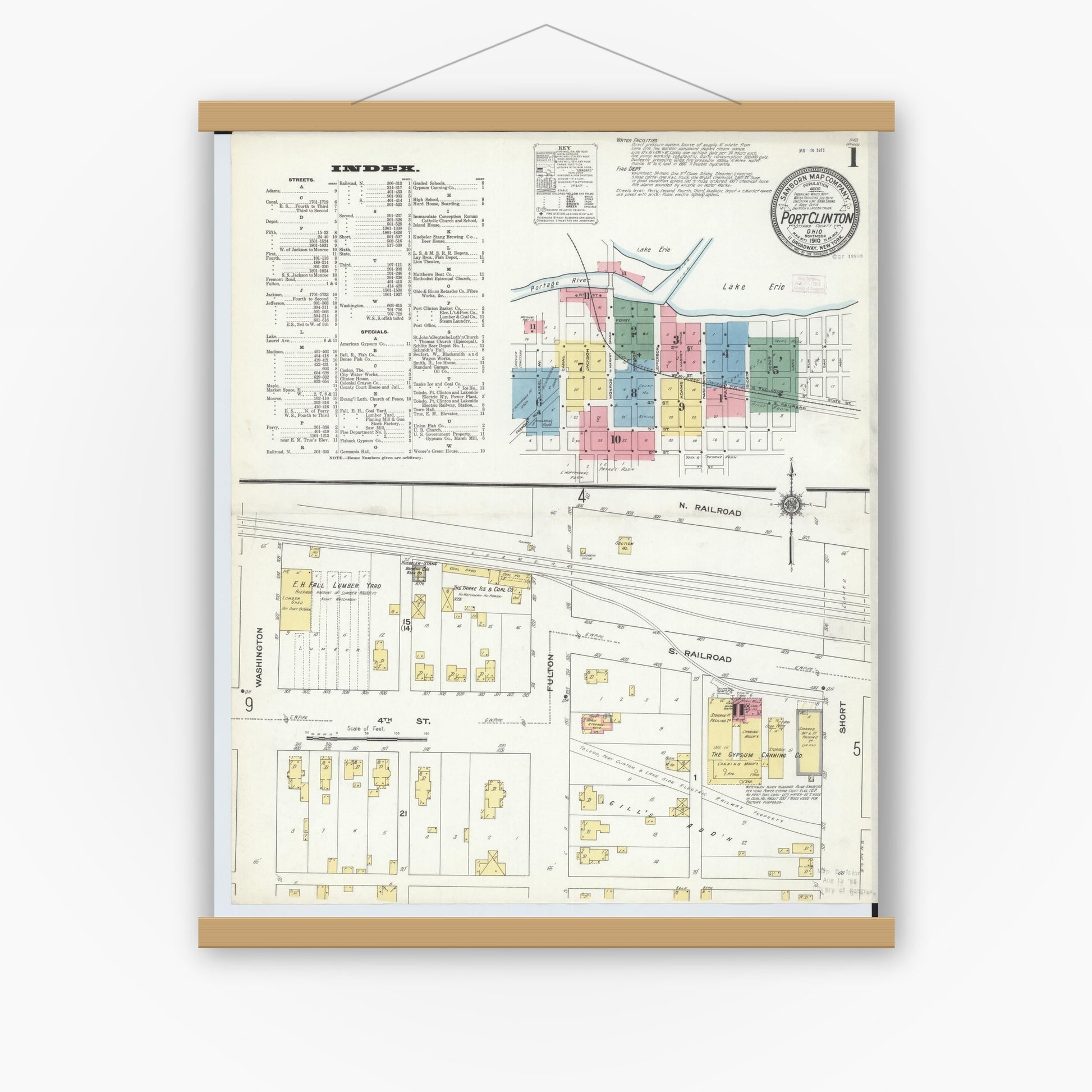 Old map wall art mockup — magnetic wood frame on white wall — Sanborn Fire Insurance Map from Port Clinton, Ottawa County, Ohio (1910), Sheet #0001