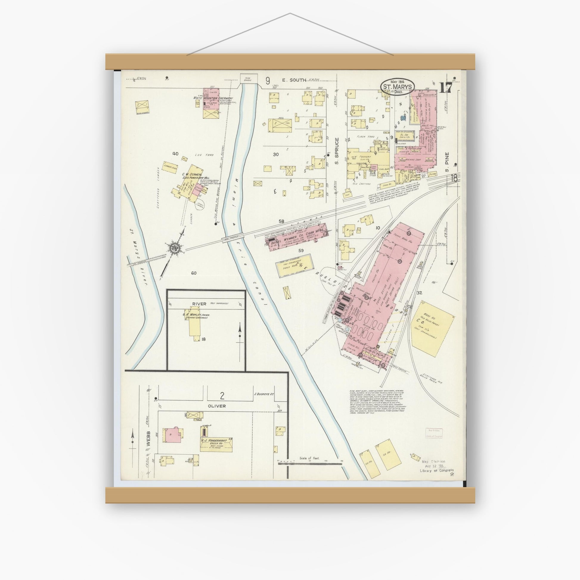Old map wall art mockup — magnetic wood frame on white wall — Sanborn Fire Insurance Map from Saint Marys, Auglaize County, Ohio (1914), Sheet #0017