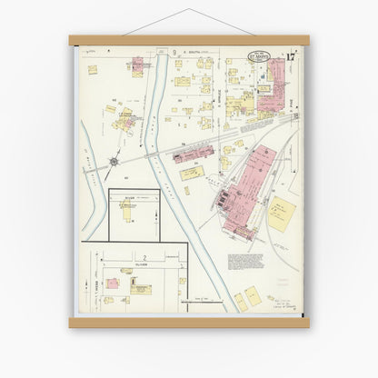 Old map wall art mockup — magnetic wood frame on white wall — Sanborn Fire Insurance Map from Saint Marys, Auglaize County, Ohio (1914), Sheet #0017
