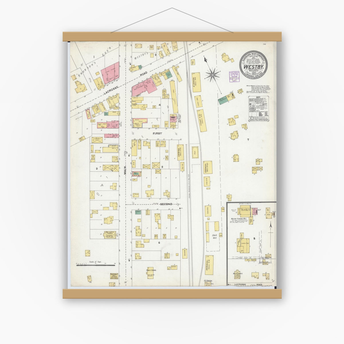 Old map wall art mockup — magnetic wood frame on white wall — Sanborn Fire Insurance Map from Westby, Vernon County, Wisconsin (1904), Sheet #0001