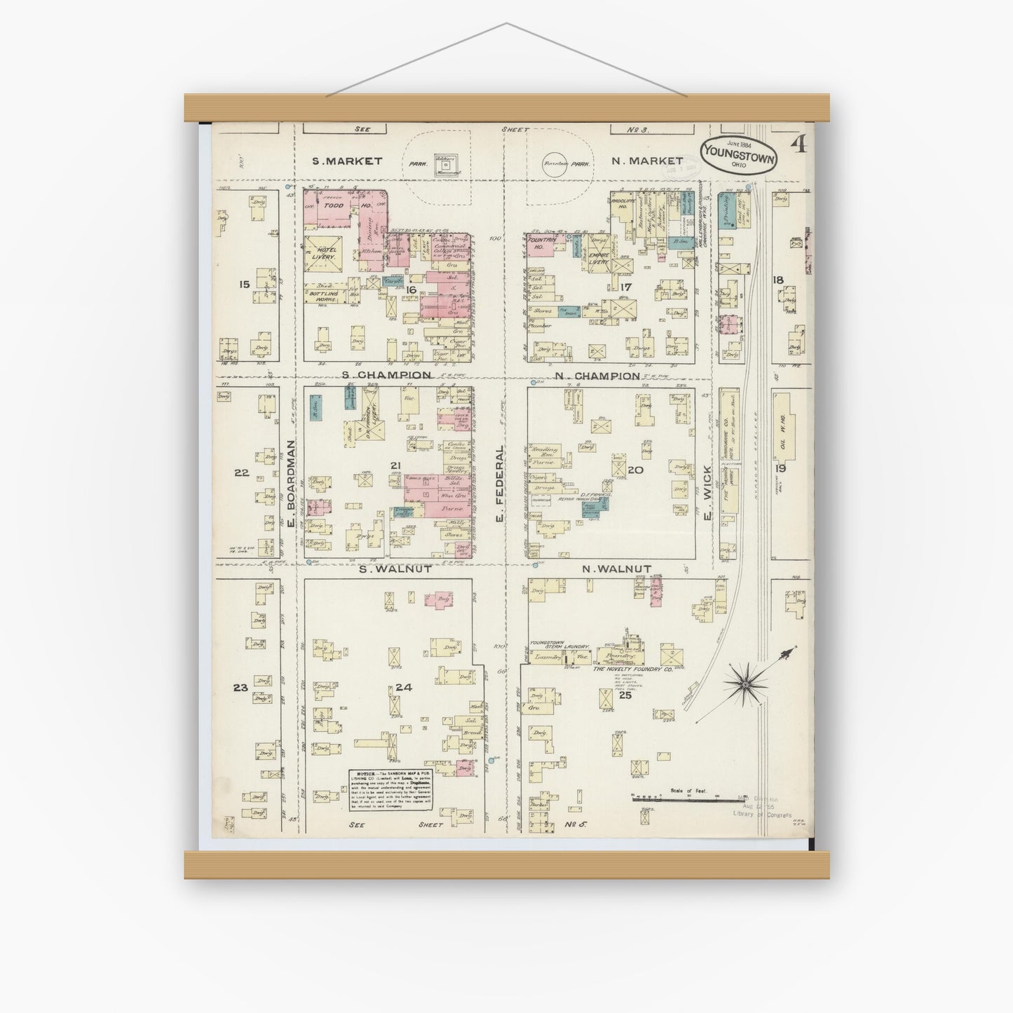 Old map wall art mockup — magnetic wood frame on white wall — Sanborn Fire Insurance Map from Youngstown, Mahoning County, Ohio (1884), Sheet #0004