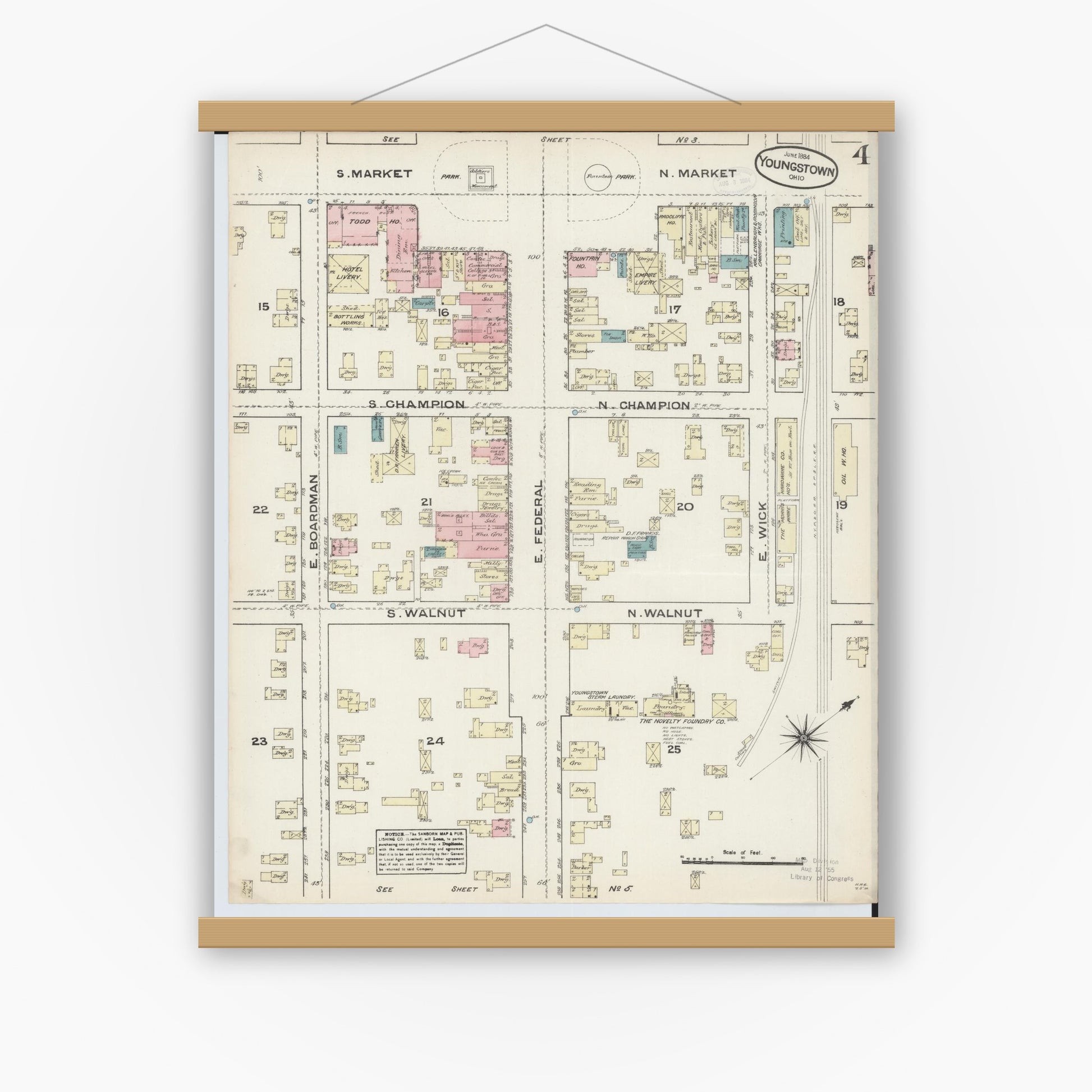 Old map wall art mockup — magnetic wood frame on white wall — Sanborn Fire Insurance Map from Youngstown, Mahoning County, Ohio (1884), Sheet #0004