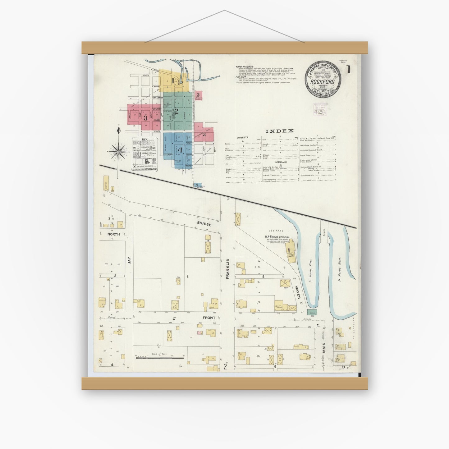 Old map wall art mockup — magnetic wood frame on white wall — Sanborn Fire Insurance Map from Rockford, Mercer County, Ohio (1907), Sheet #0001