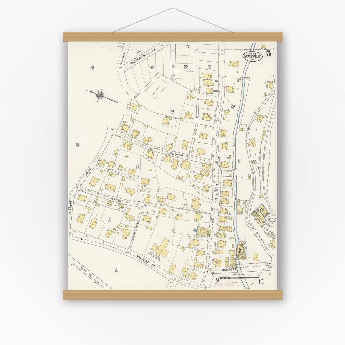 Old map wall art mockup — magnetic wood frame on white wall — Sanborn Fire Insurance Map from Grass Valley, Nevada County, California (1912), Sheet #0005