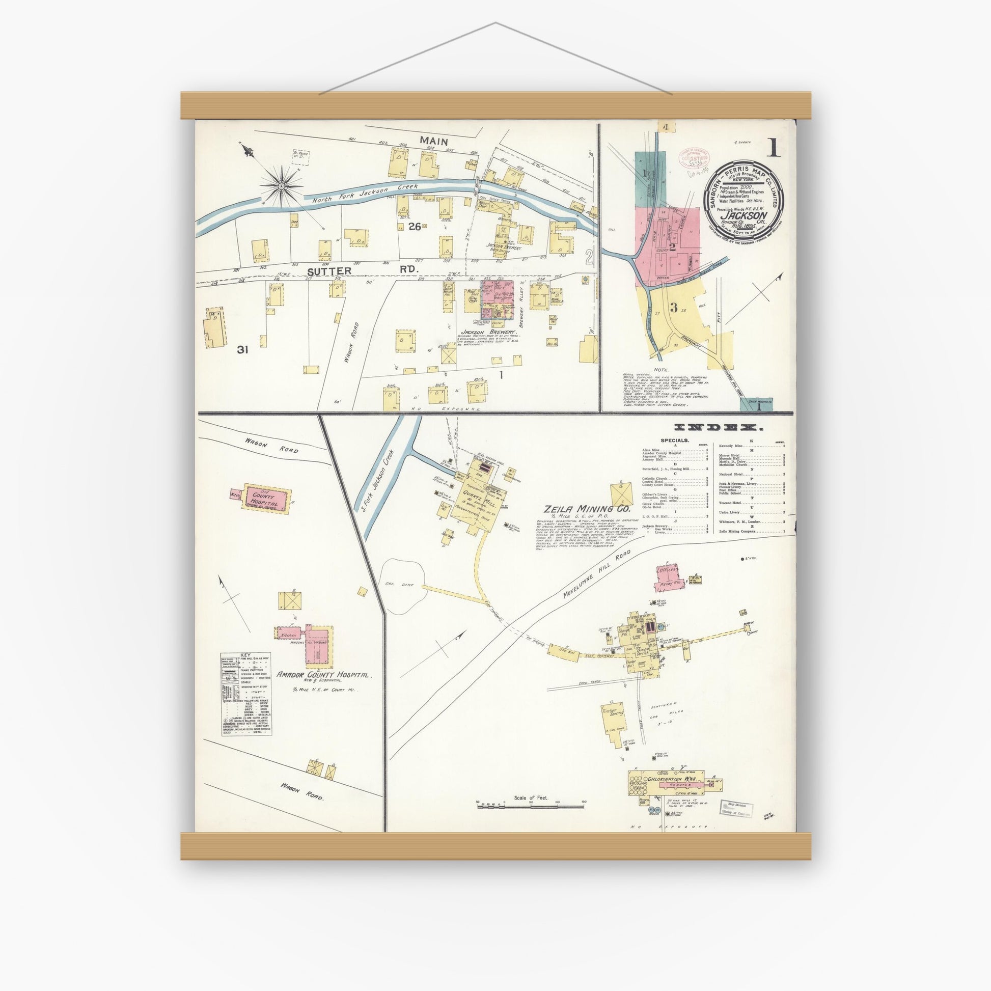 Old map wall art mockup — magnetic wood frame on white wall — Sanborn Fire Insurance Map from Jackson, Amador County, California (1895) - Complete Map Set