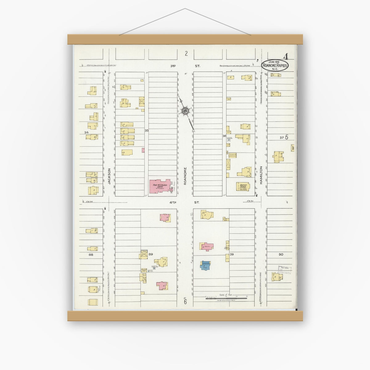 Old map wall art mockup — magnetic wood frame on white wall — Sanborn Fire Insurance Map from Roanoke Rapids, Halifax County, North Carolina (1919), Sheet #0004
