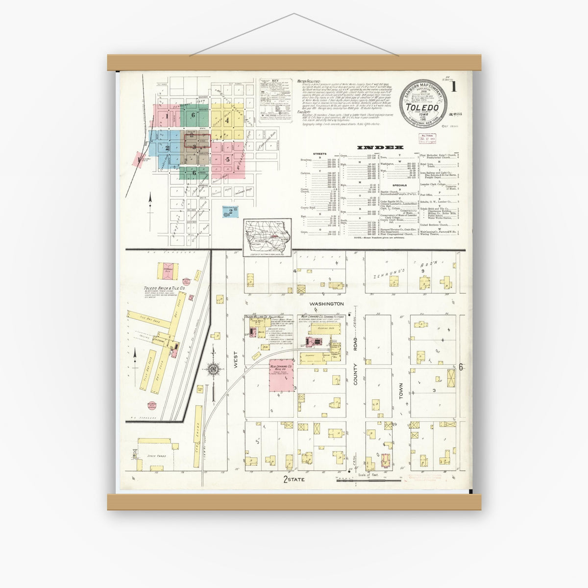 Old map wall art mockup — magnetic wood frame on white wall — Sanborn Fire Insurance Map from Toledo, Tama County, Iowa (1915) â€” Complete Set