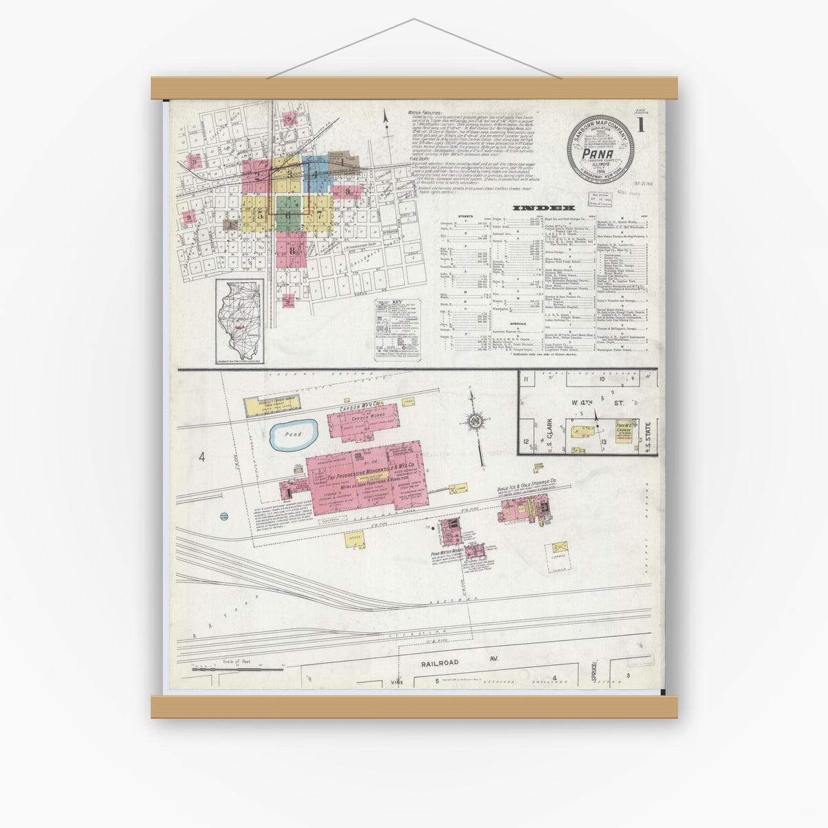 Old map wall art mockup — magnetic wood frame on white wall — Sanborn Fire Insurance Map from Pana, Christian County, Illinois (1916), Sheet #0001