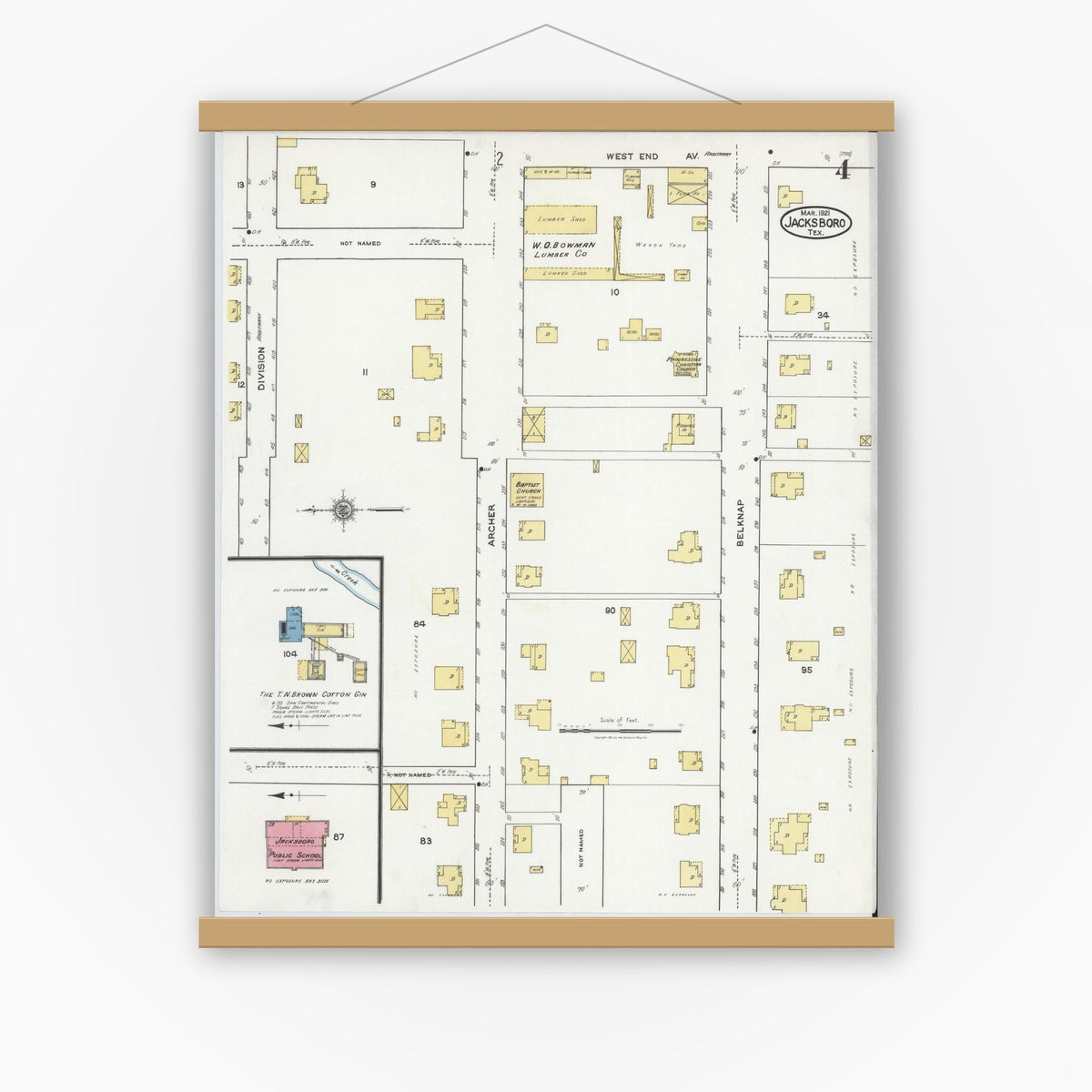 Old map wall art mockup — magnetic wood frame on white wall — Sanborn Fire Insurance Map from Jacksboro, Jack County, Texas (1921), Sheet #0004