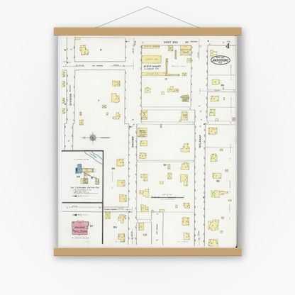 Old map wall art mockup — magnetic wood frame on white wall — Sanborn Fire Insurance Map from Jacksboro, Jack County, Texas (1921), Sheet #0004