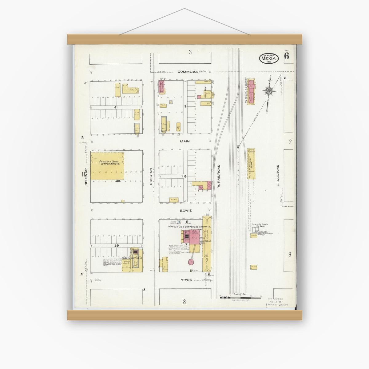Old map wall art mockup — magnetic wood frame on white wall — Sanborn Fire Insurance Map from Mexia, Limestone County, Texas (1921), Sheet #0006