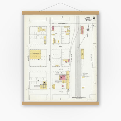 Old map wall art mockup — magnetic wood frame on white wall — Sanborn Fire Insurance Map from Mexia, Limestone County, Texas (1921), Sheet #0006