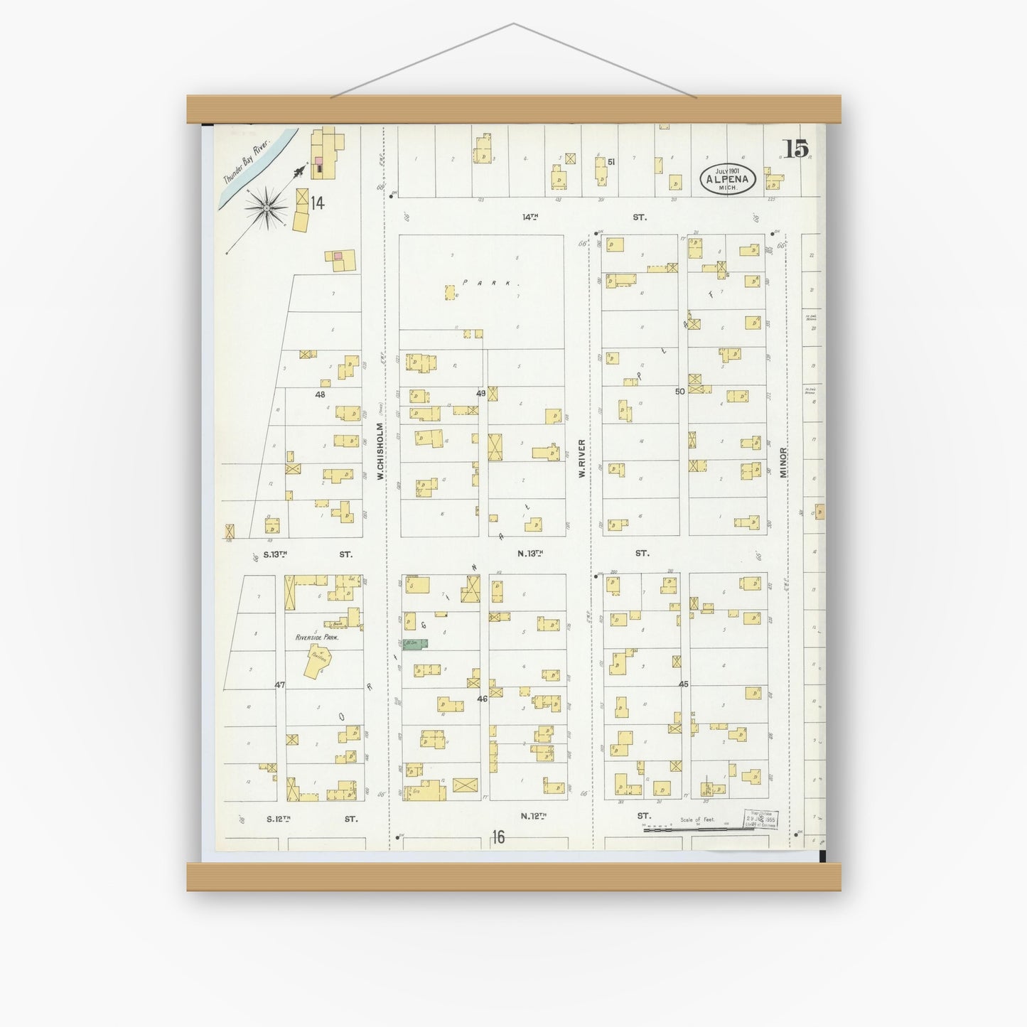 Old map wall art mockup — magnetic wood frame on white wall — Sanborn Fire Insurance Map from Alpena, Alpena County, Michigan (1901), Sheet #0015