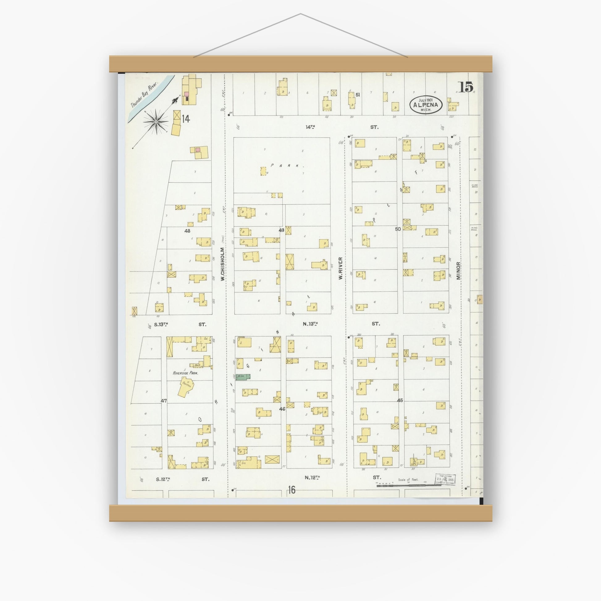 Old map wall art mockup — magnetic wood frame on white wall — Sanborn Fire Insurance Map from Alpena, Alpena County, Michigan (1901), Sheet #0015