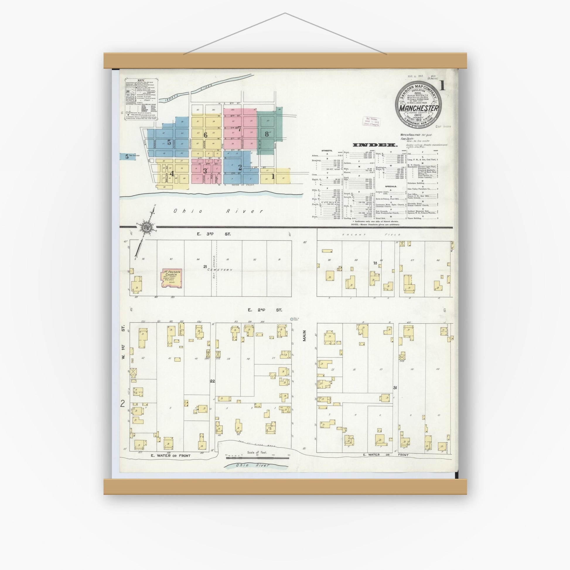 Old map wall art mockup — magnetic wood frame on white wall — Sanborn Fire Insurance Map from Manchester, Adams County, Ohio (1912), Sheet #0001