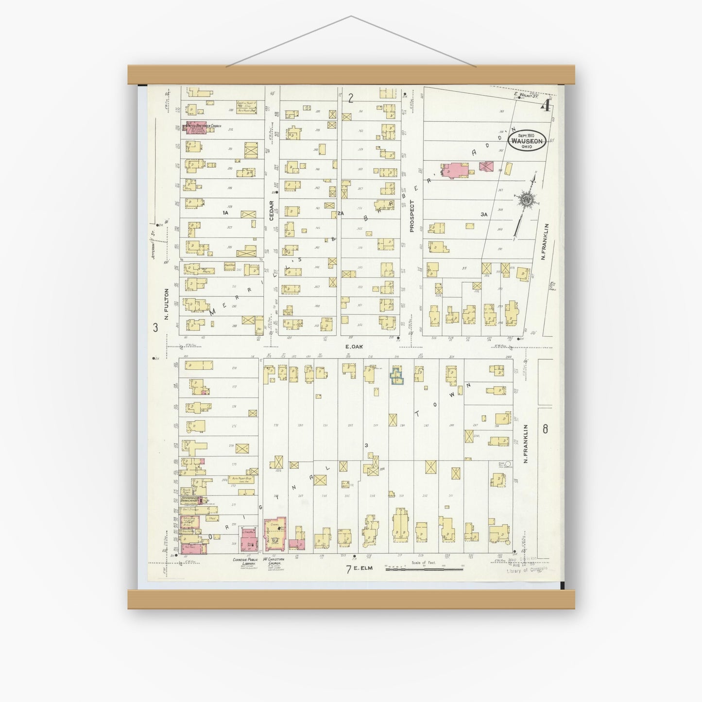 Old map wall art mockup — magnetic wood frame on white wall — Sanborn Fire Insurance Map from Wauseon, Fulton County, Ohio (1910), Sheet #0004