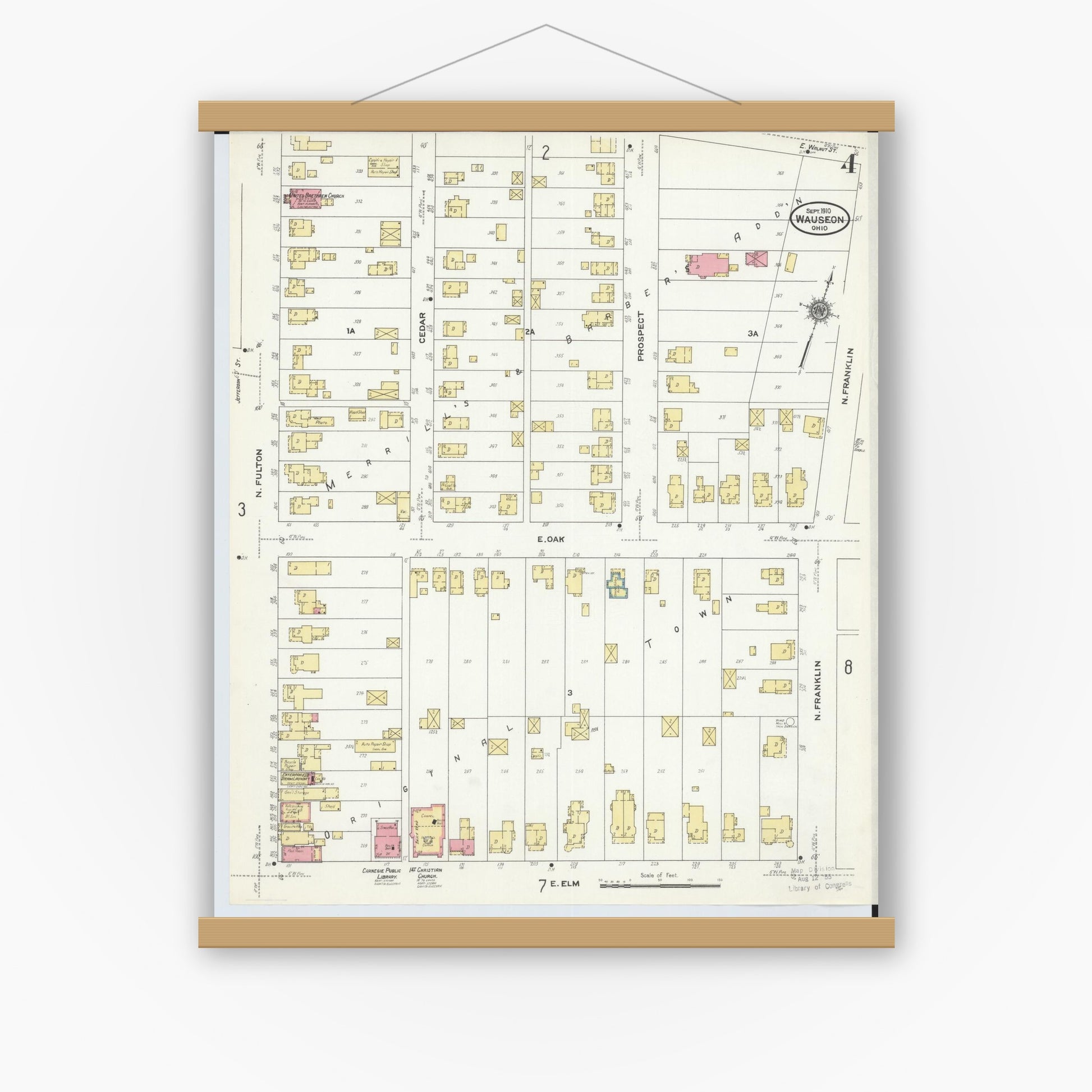Old map wall art mockup — magnetic wood frame on white wall — Sanborn Fire Insurance Map from Wauseon, Fulton County, Ohio (1910), Sheet #0004