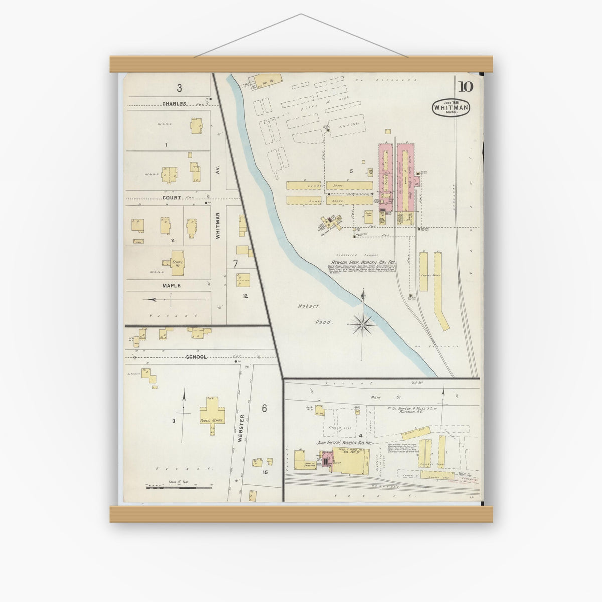 Old map wall art mockup — magnetic wood frame on white wall — Sanborn Fire Insurance Map from Whitman, Plymouth County, Massachusetts (1896), Sheet #0010