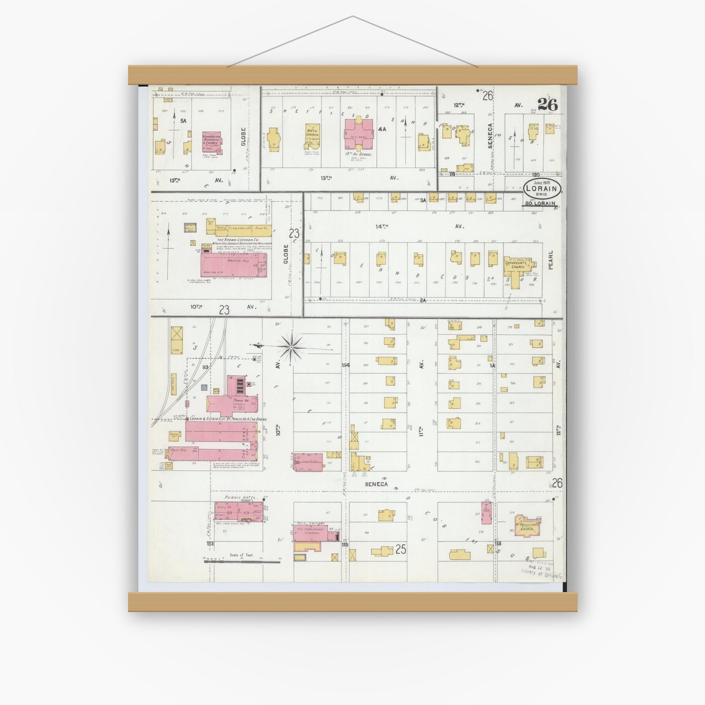 Old map wall art mockup — magnetic wood frame on white wall — Sanborn Fire Insurance Map from Lorain, Lorain County, Ohio (1905), Sheet #0026