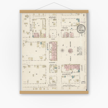 Old map wall art mockup — magnetic wood frame on white wall — Sanborn Fire Insurance Map from Denton, Denton County, Texas (1885) - Complete Map Set