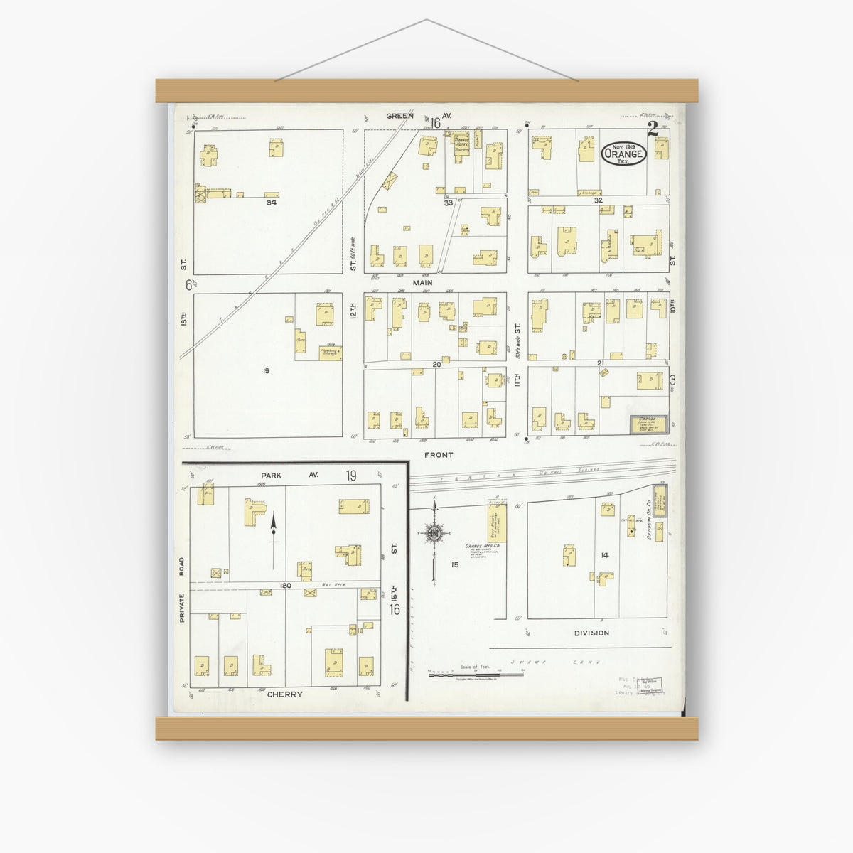 Old map wall art mockup — magnetic wood frame on white wall — Sanborn Fire Insurance Map from Orange, Orange County, Texas (1919), Sheet #0002