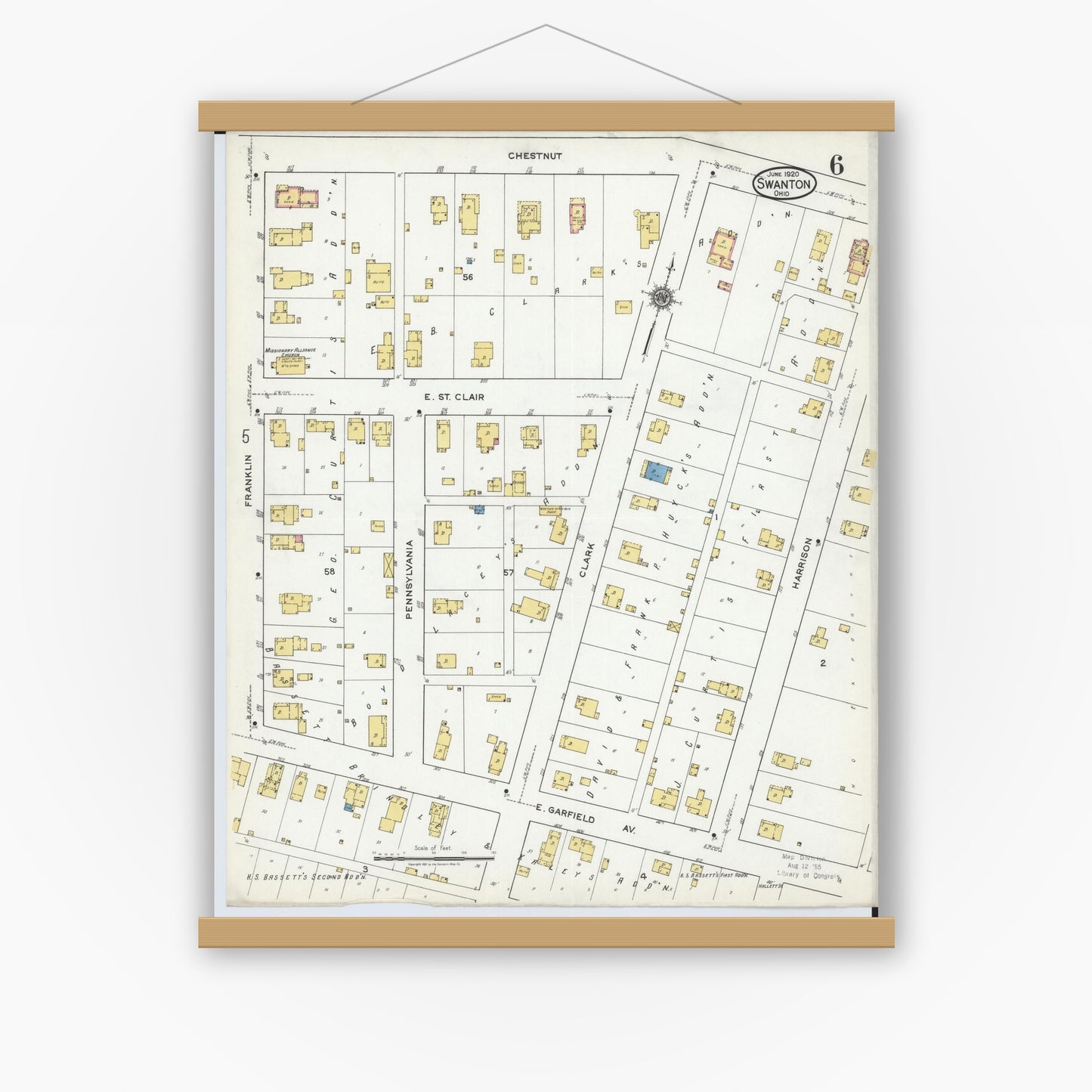 Old map wall art mockup — magnetic wood frame on white wall — Sanborn Fire Insurance Map from Swanton, Fulton County, Ohio (1920), Sheet #0006